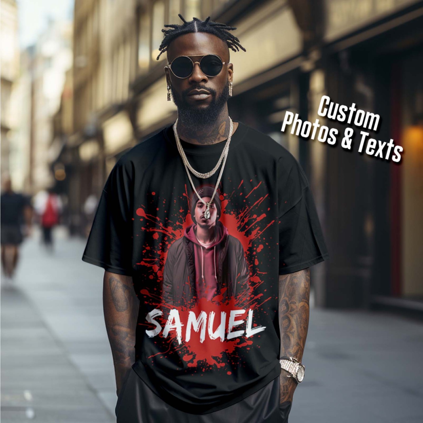 Individuelles Foto-vintage-t-shirt, Personalisiertes Amerikanisches Hip-hop-rap-t-shirt Mit Namen - MyFaceBoxerDE