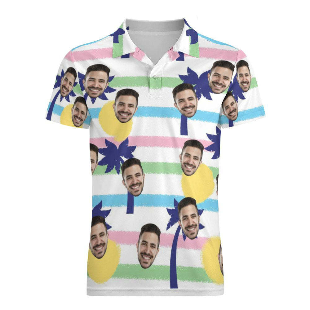 Benutzerdefiniertes Gesichtsblaues Palmen-poloshirt Für Männer, Personalisierte Hawaiianische Golf-shirts - MyFaceBoxerDE