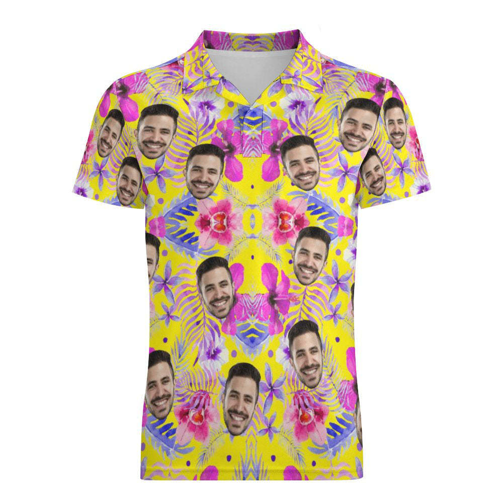 Benutzerdefiniertes Gesichts-rosa-hibiskus-poloshirt Für Männer, Personalisierte Hawaiianische Golf-shirts - MyFaceBoxerDE