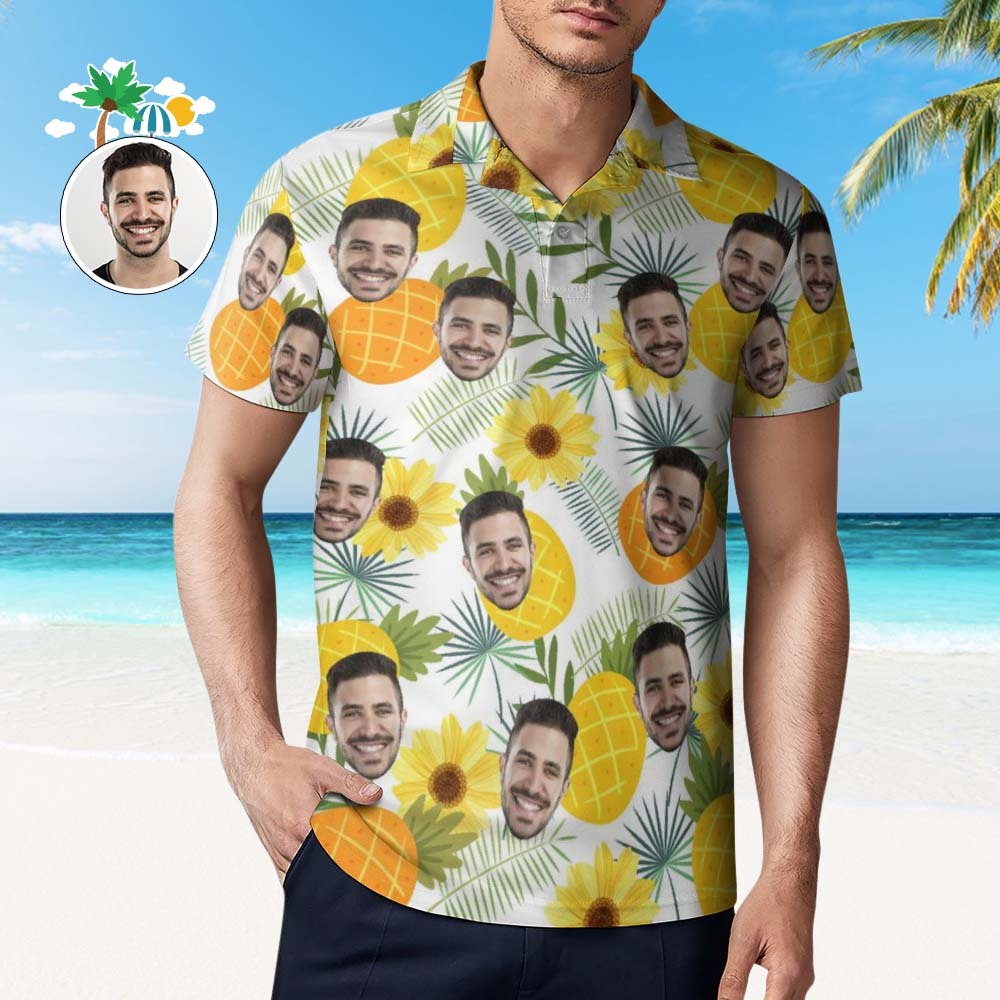 Benutzerdefiniertes Gesichts-poloshirt Für Männer, Sonnenblume Und Ananas, Personalisierte Hawaiianische Golf-shirts - MyFaceBoxerDE