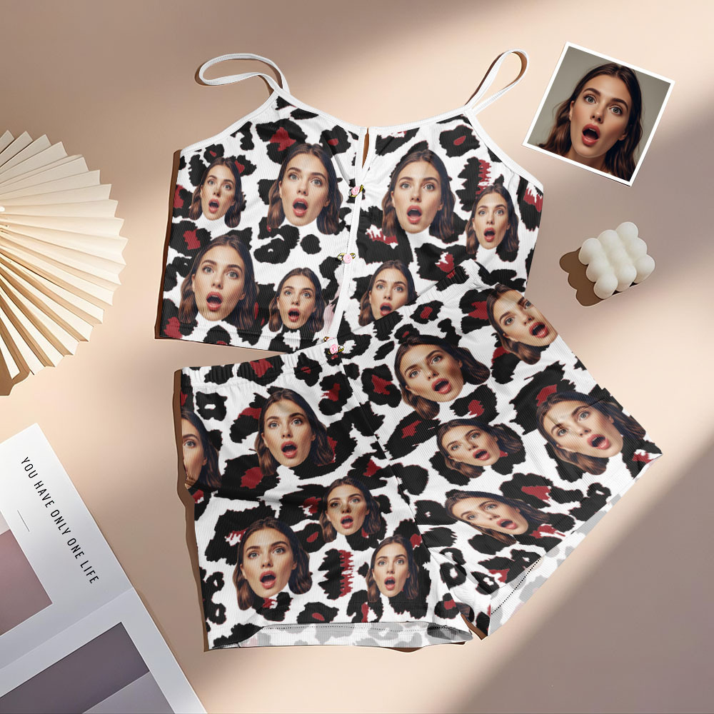 Valentinstagsgeschenk: Individuell Gestaltetes Dessous-set Mit Leopardenmuster Und V-ausschnitt, Verziert Mit Gesichtsapplikationen - MyFaceBoxerDE