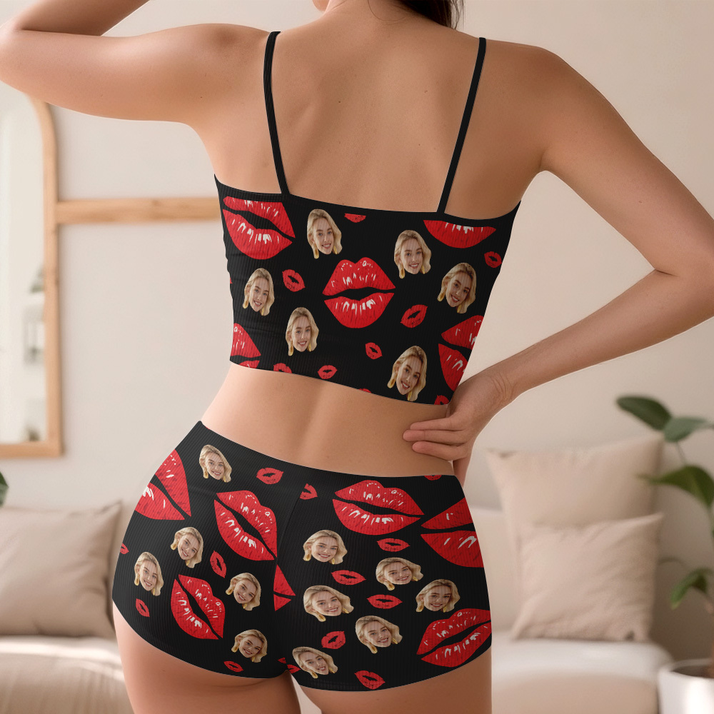 Valentinstags-geschenke, Individuelles Dessous-set Mit Gesichtsapplikationen, Gekerbtem Ausschnitt, Rote Lippen - MyFaceBoxerDE