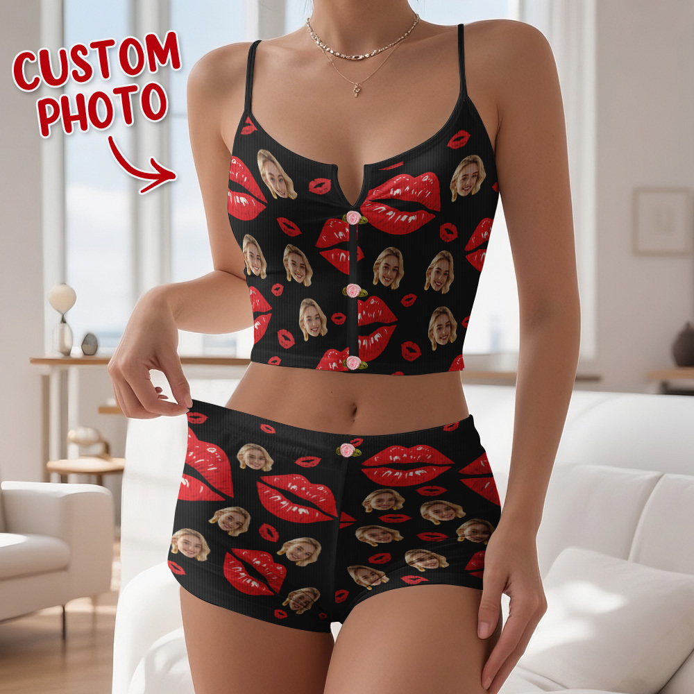 Valentinstags-geschenke, Individuelles Dessous-set Mit Gesichtsapplikationen, Gekerbtem Ausschnitt, Rote Lippen - MyFaceBoxerDE