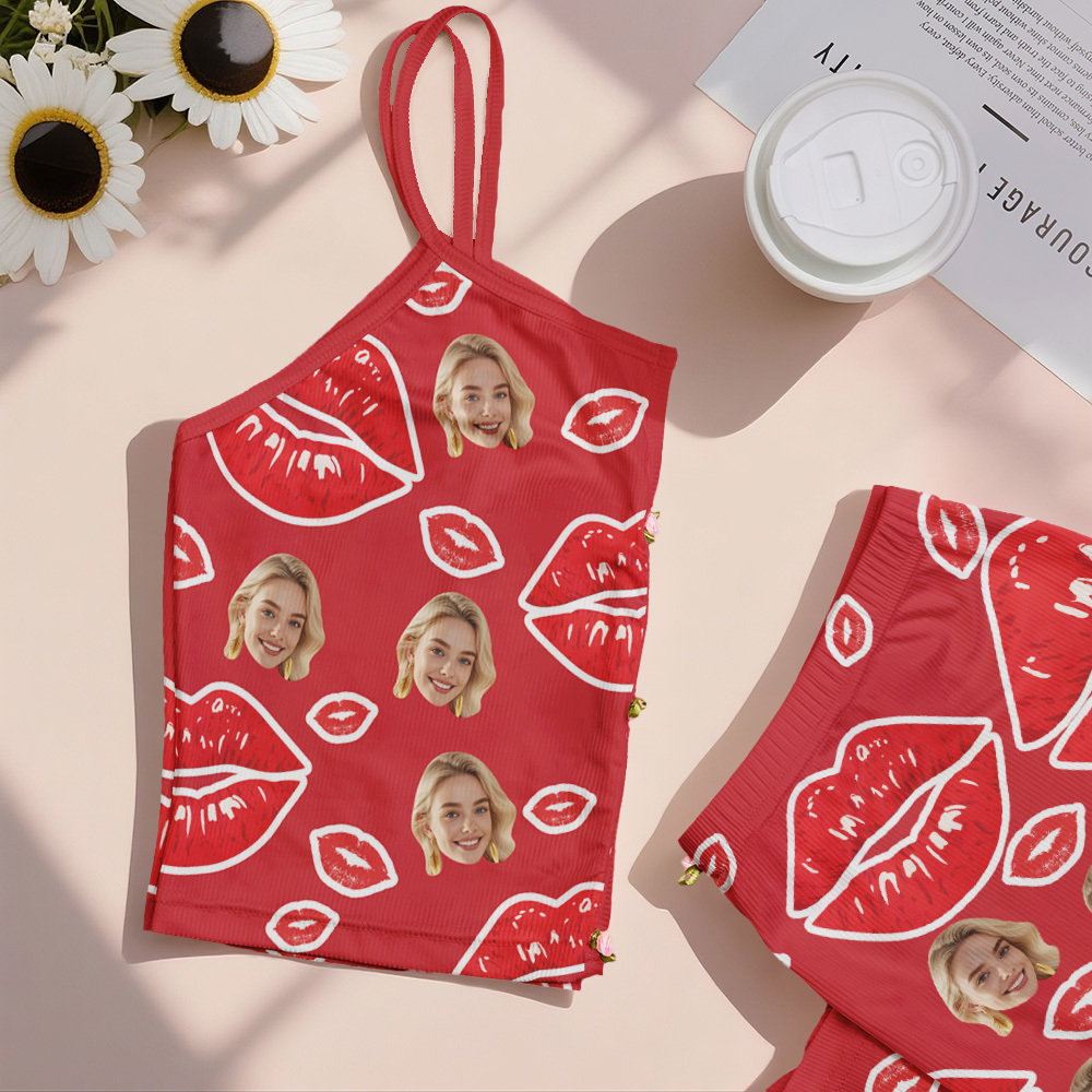 Valentinstags-geschenke, Individuelles Dessous-set Mit Gesichtsapplikationen, Gekerbtem Ausschnitt, Rote Lippen - MyFaceBoxerDE