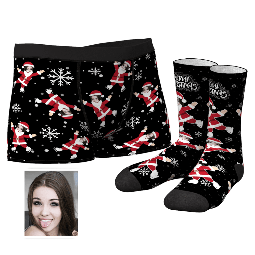 Schneeflocken-boxershorts Für Herren Mit Gesicht Auf Dem Körper Des Weihnachtsmanns Und Crew-socken-set - MyFaceBoxerDE