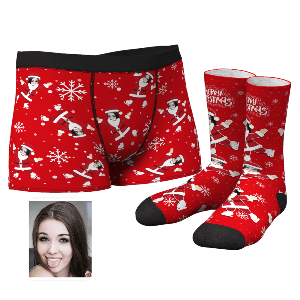 Schneeflocken-boxershorts Für Herren Mit Gesicht Auf Dem Körper Des Weihnachtsmanns Und Crew-socken-set - MyFaceBoxerDE