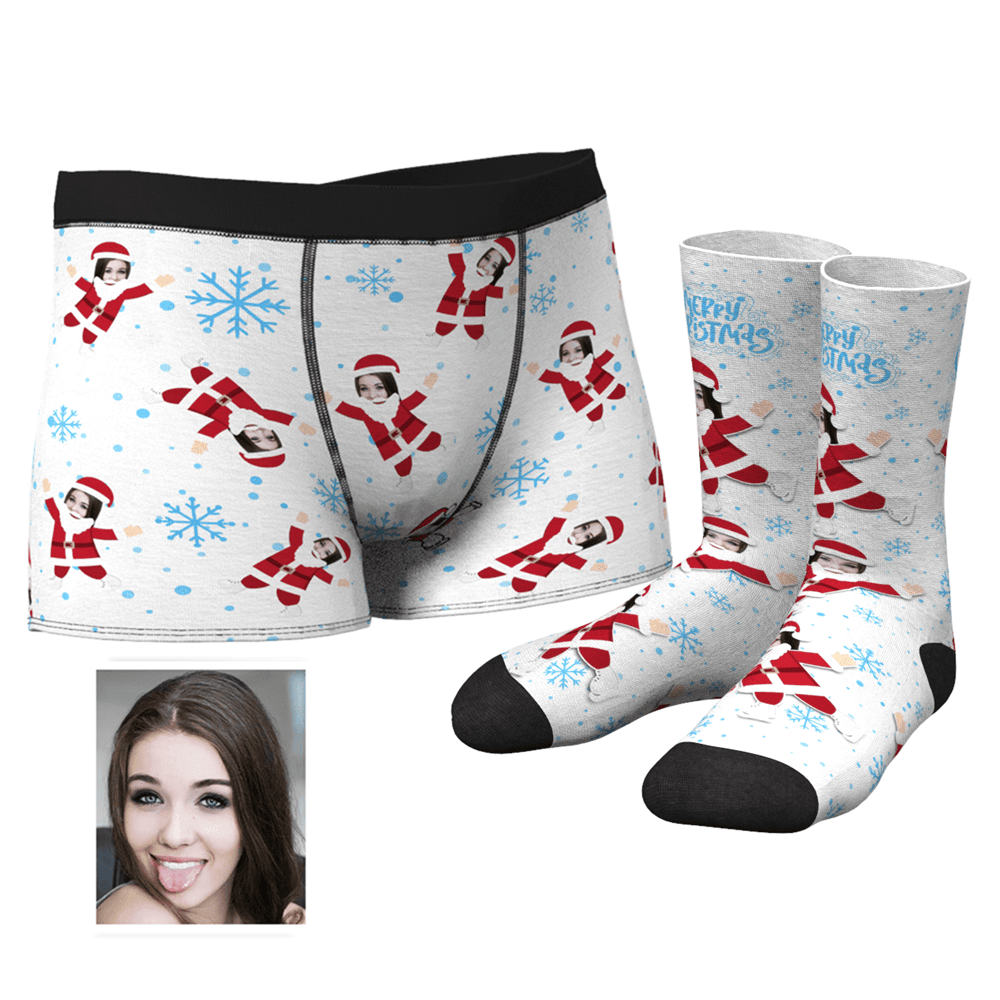 Schneeflocken-boxershorts Für Herren Mit Gesicht Auf Dem Körper Des Weihnachtsmanns Und Crew-socken-set - MyFaceBoxerDE