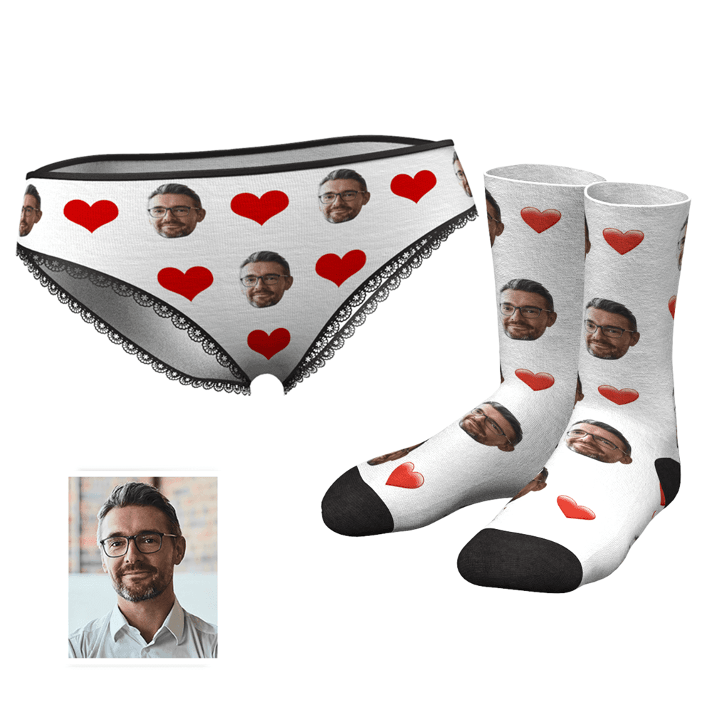 Paar Frauen Benutzerdefinierte Gesicht Herz Höschen Und Crew Socken Set - MyFaceBoxerDE
