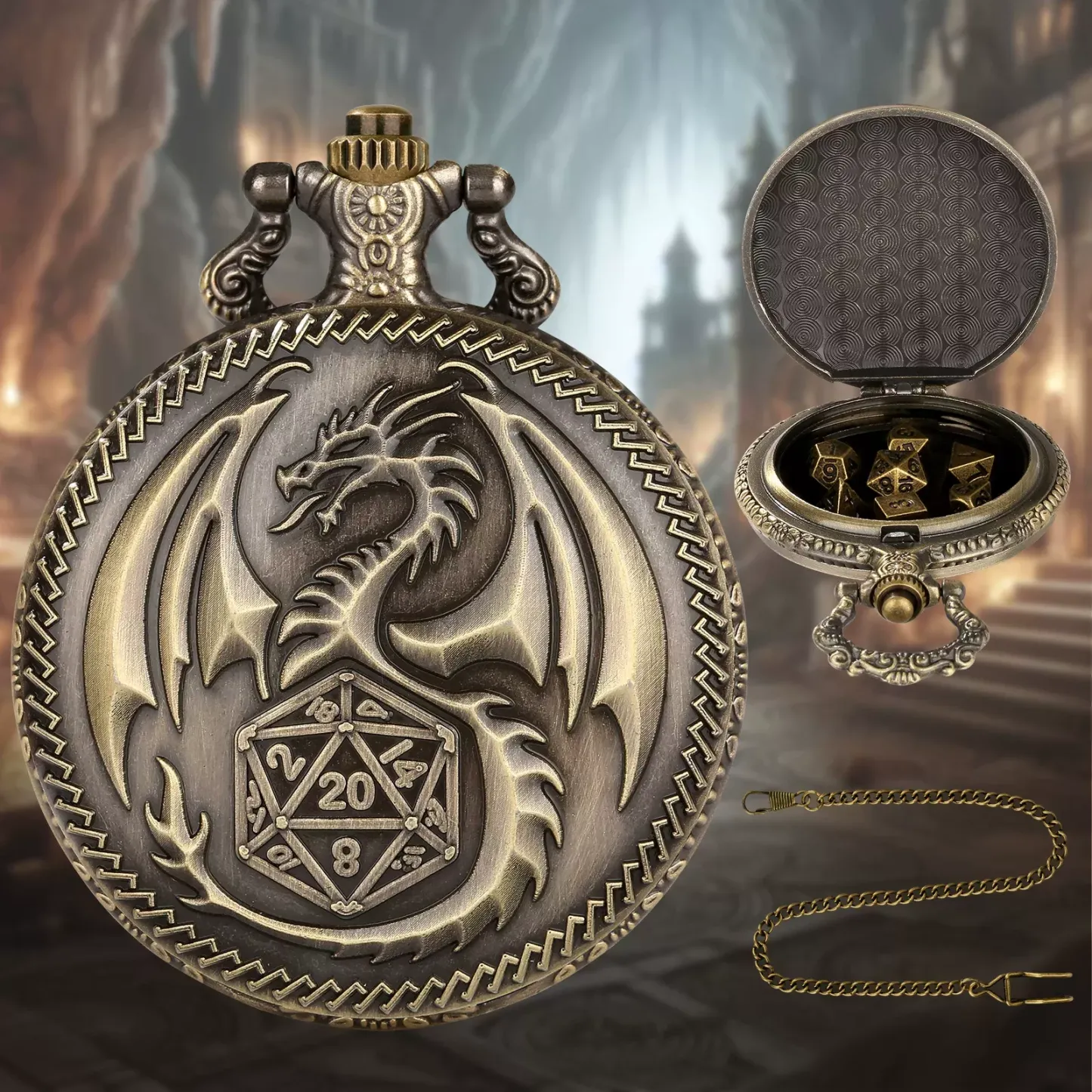 Drachenwappen-Taschenuhr-Würfelset Für Tabletop-Rollenspiele (TTRPG) - MyFaceBoxerDE