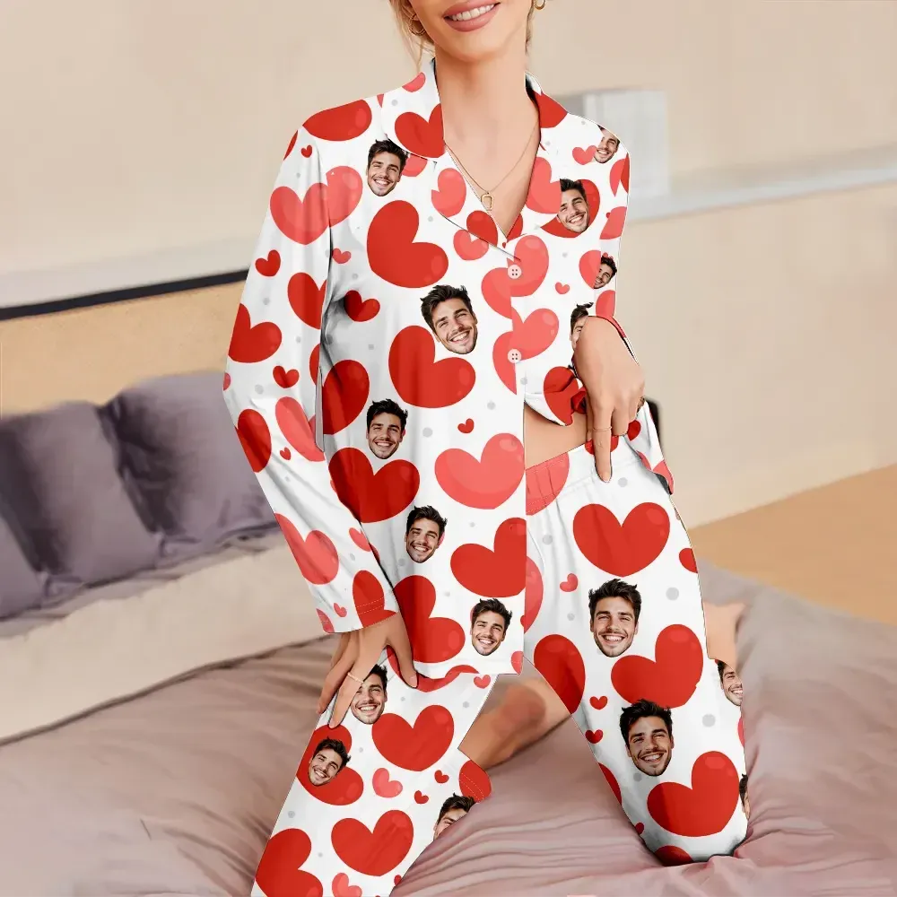 Personalisierter Langarm-pyjama Mit Rotem Herzmotiv Für Paare - MyFaceBoxerDE