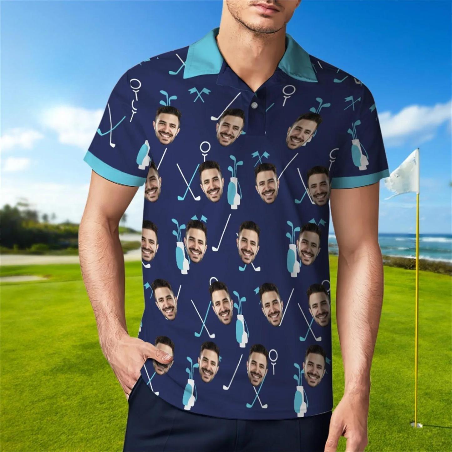 Blaues Poloshirt Mit Individuellem Gesicht Für Herren, Personalisierte Golf-shirts