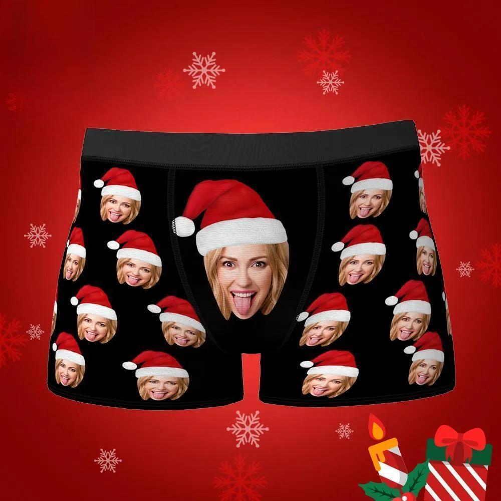 Benutzerdefinierte Gesicht Boxershorts mit Weihnachtsmütze Personalisierte Foto Unterwäsche Weihnachtsgeschenk für Männer