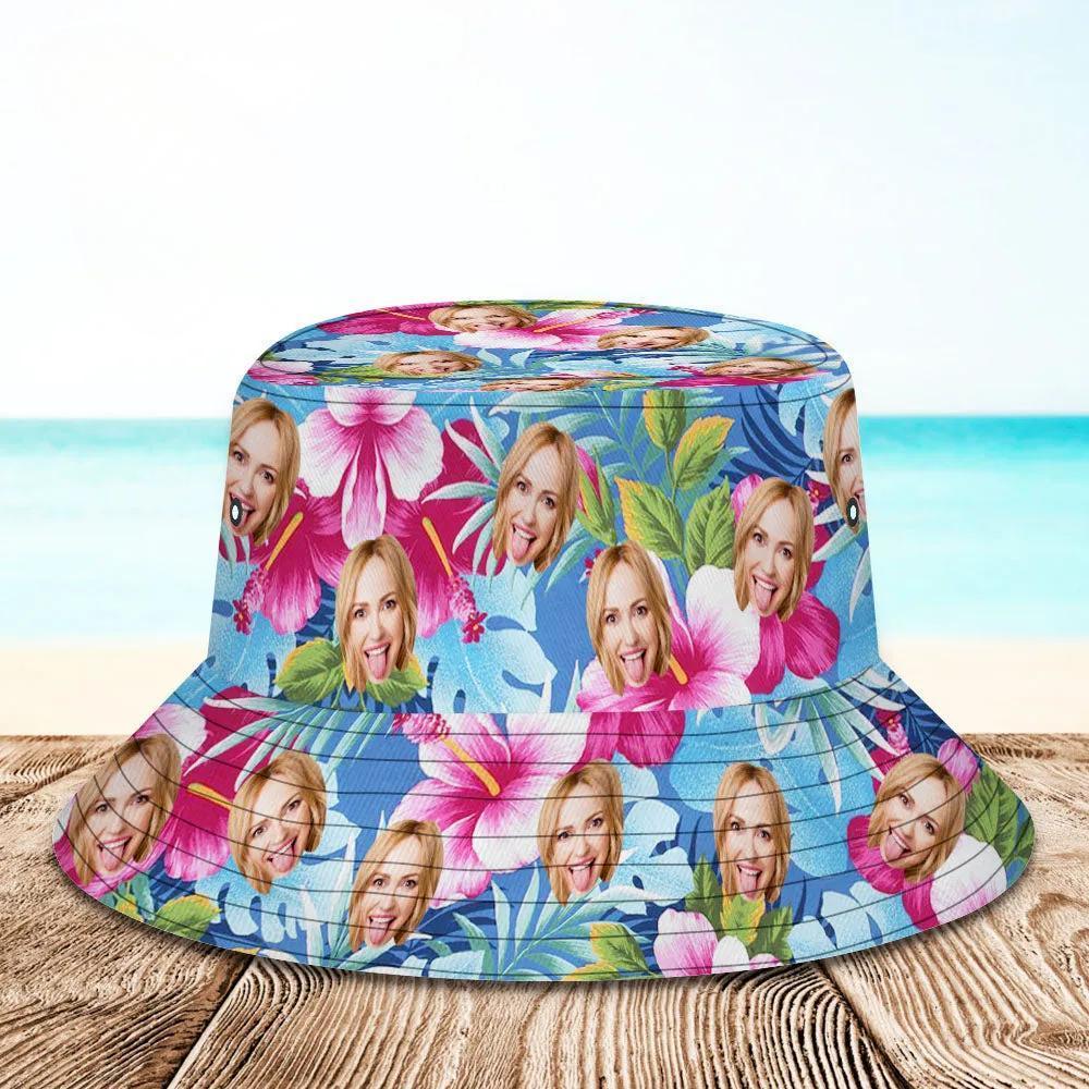 Individueller Eimer Hut Personalisiertes Gesicht All Over Print Tropische Blumen Drucken Hawaii Fischerhut - Rosa Blumen