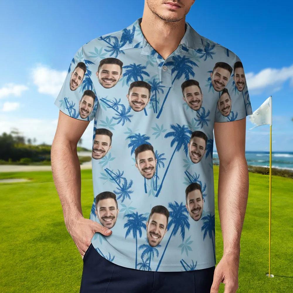 Das Kundenspezifische Gesichts-polo-shirt Der Männer Personalisierte Hellblaue Hawaiische Golf-hemden