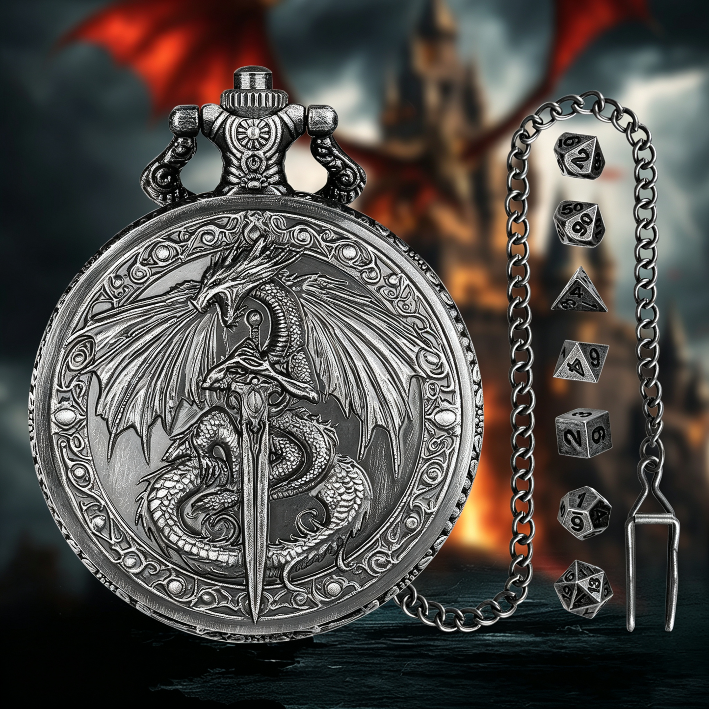 Drachenwappen-Taschenuhr-Würfelset Für Tabletop-Rollenspiele (TTRPG) - MyFaceBoxerDE