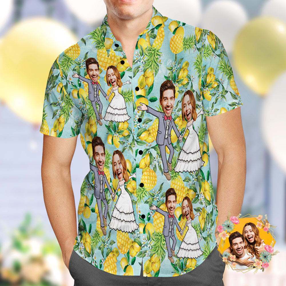 Chemise hawaïenne de mariage personnalisée Chemise hawaïenne de visage de couple d'ananas drôle