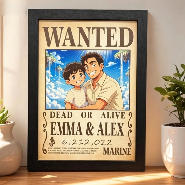 Personalisiertes Anime Vater Porträt als Wanted Poster Einzigartiges Anime Stil Bild für Papa Vatertagsgeschenk