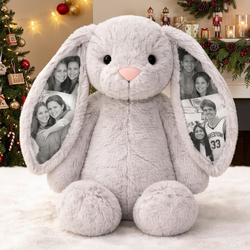 Personalisiertes Foto-Plüschhäschen – Weihnachtliches Geschenk mit verstecktem Ohr für Paare, Familie & Herzensmenschen
