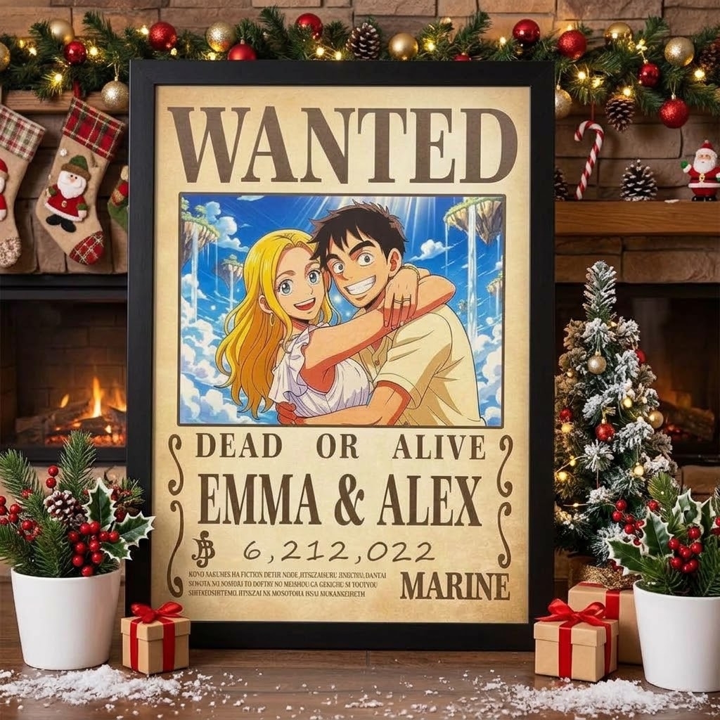 Personalisiertes Anime-Paarporträt als „Wanted“-Poster – Einzigartiges Porträt im Anime-Stil für Paare oder Kapitäne Weihnachtsgeschenk