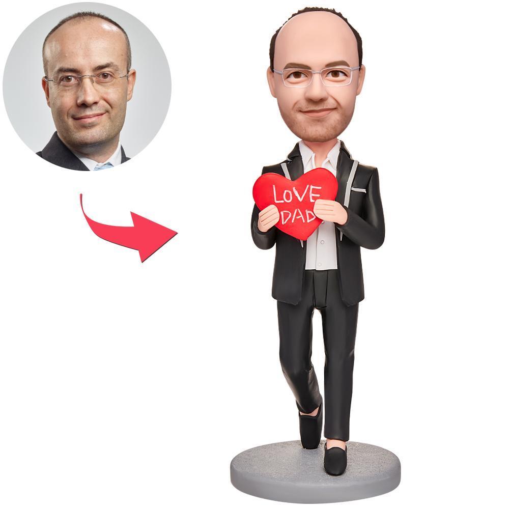 Father's Day Gift Dad Holding Red Heart Custom Bobblehead with Engraved Text