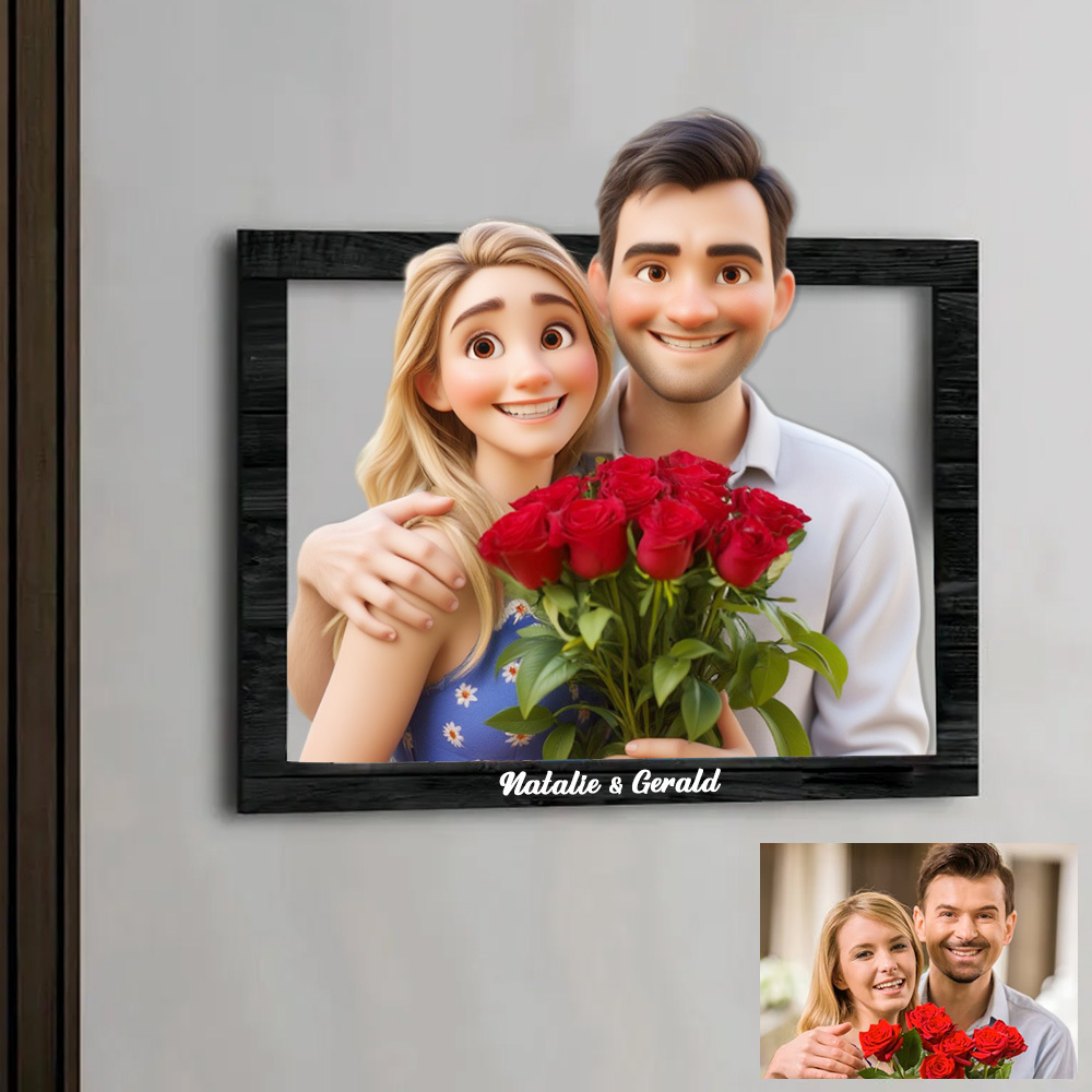 Valentinstagsgeschenke, Personalisiertes 3d-foto-holzrahmenschild Im Cartoon-stil, Individuelles Familienfoto, 3d-cartoon-portrait-geschenk, Comic-fotorahmen, Hochzeitstag, Weihnachten, Paar-geschenk - MeineFotoTassen