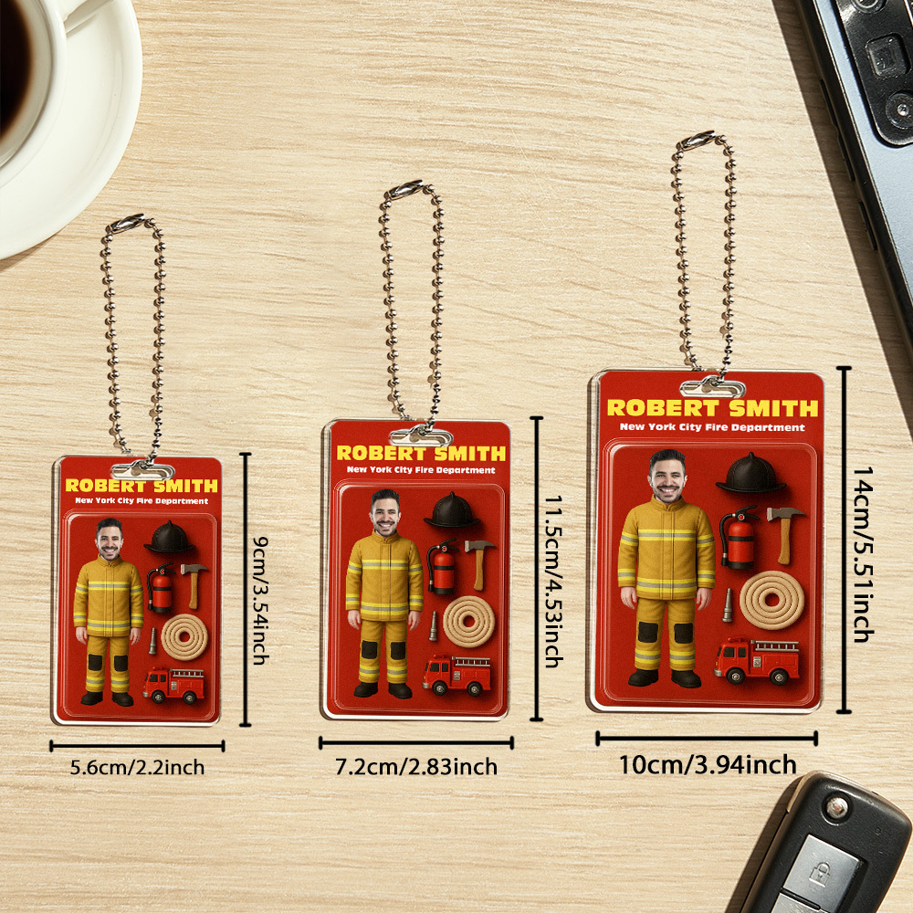 Benutzerdefinierte 3d-effekt-actionfigur, Anpassbare Kopfverpackung, Spielzeugbox-stil, Kunstgeschenk, Personalisierter Autoaufhänger Aus Acryl, Geschenk Für Feuerwehrmann - DePhotoBoxer