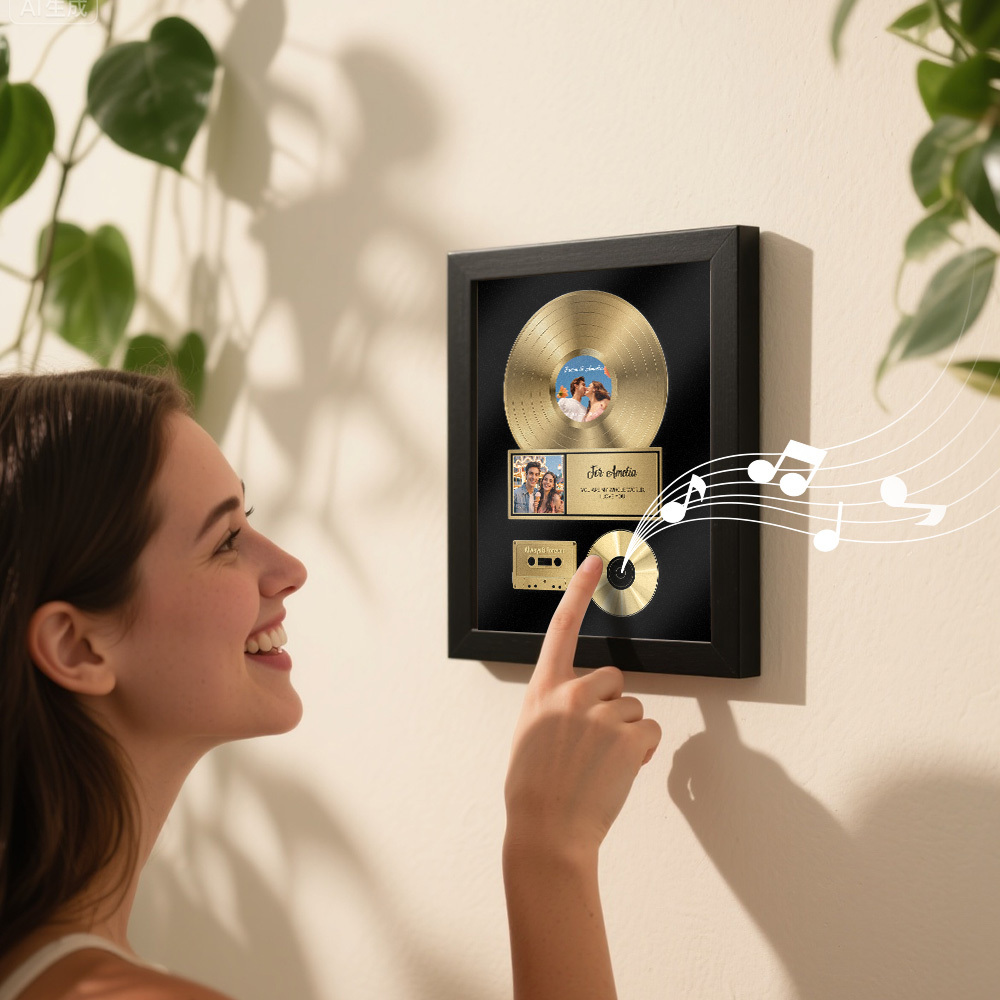 Personalized Golden Record Style Music Decor, Custom Music Photo Name, Custom Photo Music Plaque, Personalized Song Plaque, Click ti Play No Phone Needed for Loved Ones