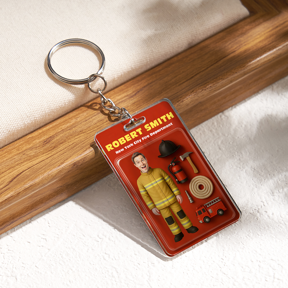 Benutzerdefinierte 3d-effekt-actionfigur, Anpassbare Kopfverpackung, Spielzeugbox-stil, Kunstgeschenk, Personalisierter Acryl-schlüsselanhänger, Geschenk Für Feuerwehrmann - DePhotoBoxer