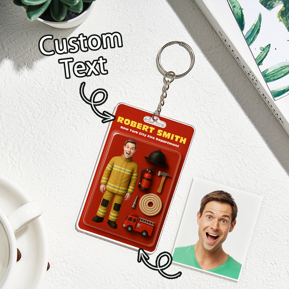 Benutzerdefinierte 3d-effekt-actionfigur, Anpassbare Kopfverpackung, Spielzeugbox-stil, Kunstgeschenk, Personalisierter Acryl-schlüsselanhänger, Geschenk Für Feuerwehrmann - DePhotoBoxer