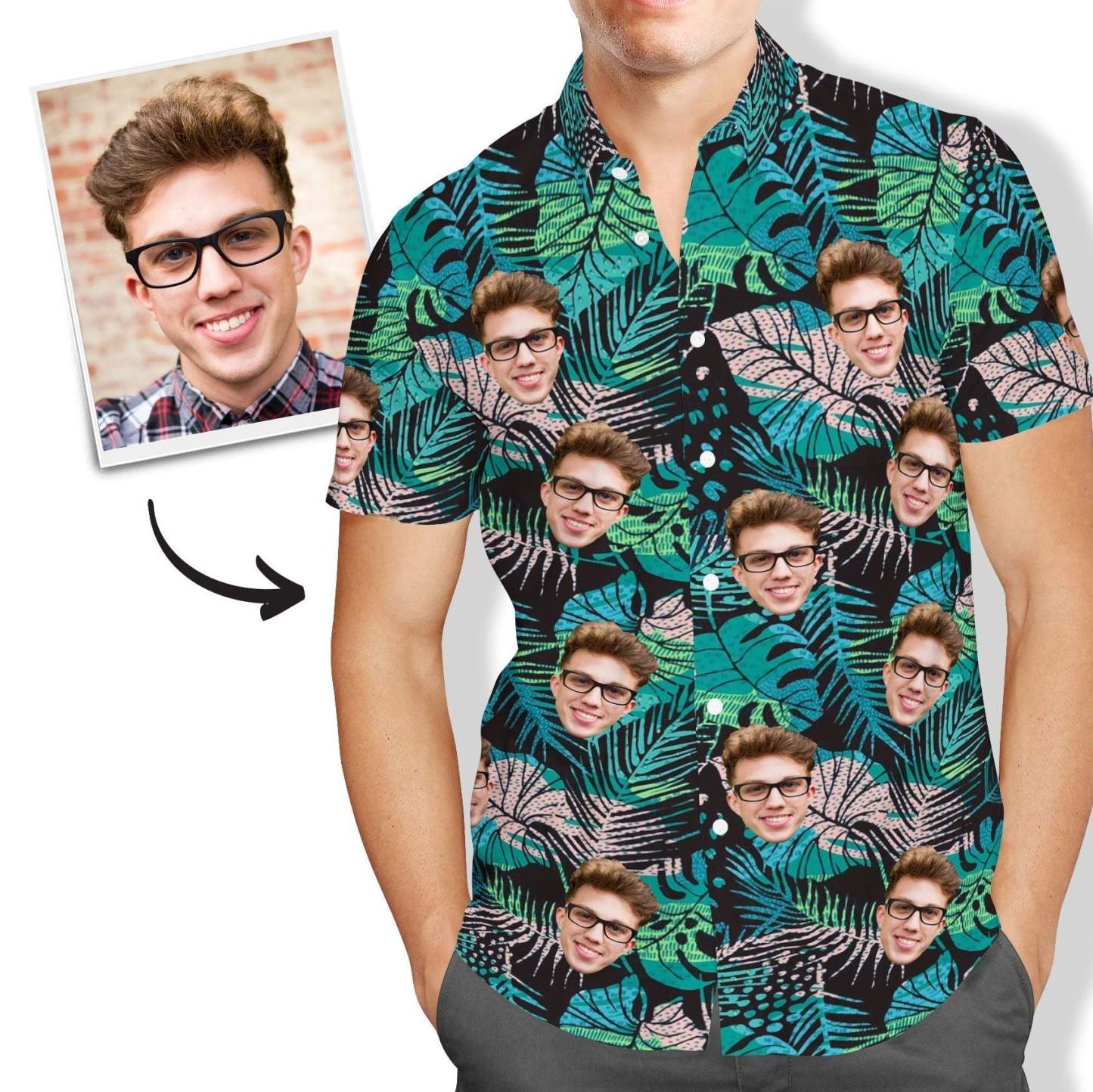 Custom Face Hawaiian Shirt Men's All Over Print Large Leaves Short Sleeve Shirt - MakePhotoPuzzleUK