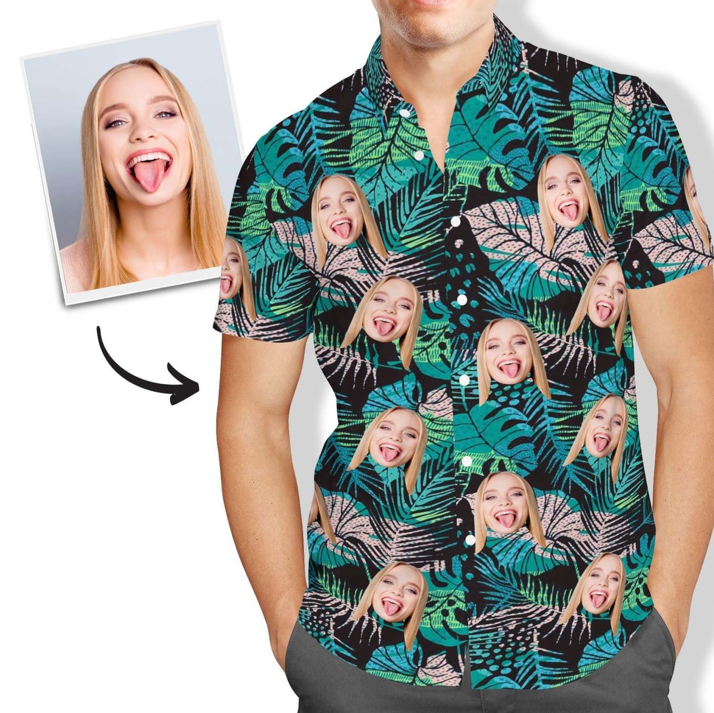 Custom Face Hawaiian Shirt Men's All Over Print Large Leaves Short Sleeve Shirt - MakePhotoPuzzleUK