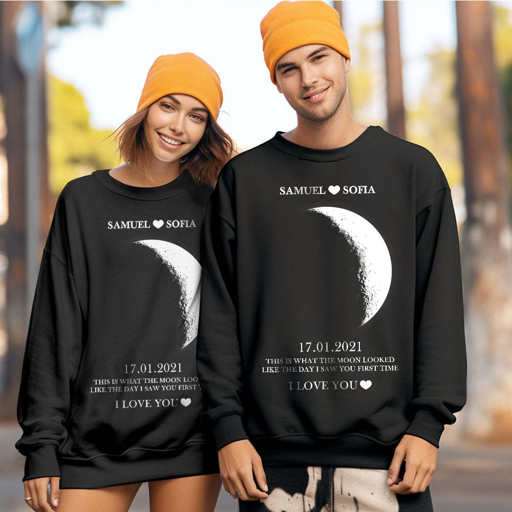 Custom Moon Phase Round Neck Unisex Sweatshirt Personalized Names Crewneck Sweatshirts Valentine's Day Gifts for Couple - MeineFotoTassen