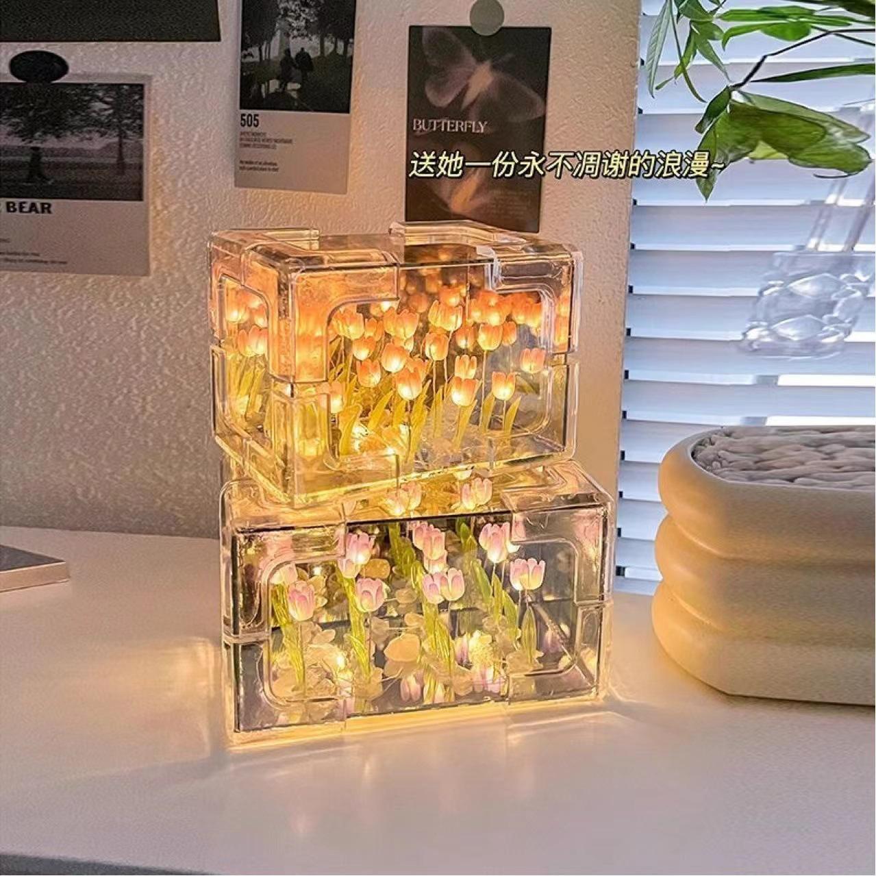 Diy Handgefertigte Lampe Acryl Linse Spiegel Blume Meer Dreidimensionalen Quader Nachtlicht - MeineFotoTassen
