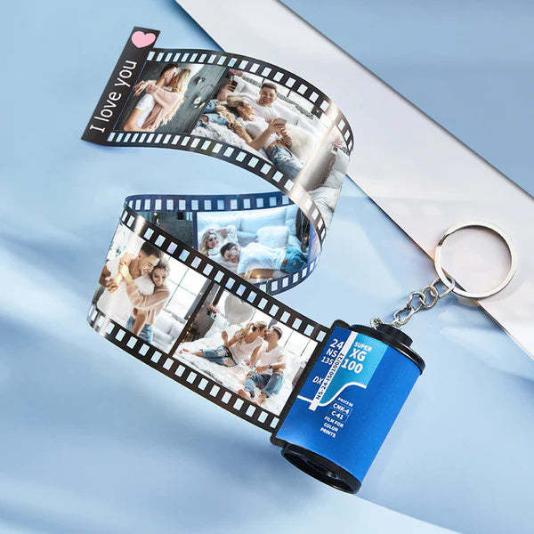 Personalisierter Foto- Und Text-filmrollen-schlüsselanhänger. Blauer Kamerarollen-schlüsselanhänger - MeineFotoTassen
