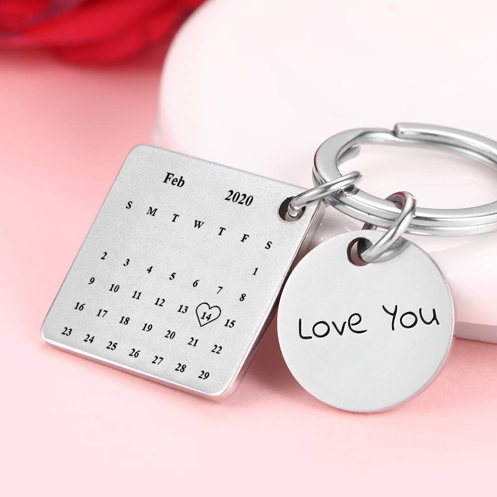 Personalisierter Kalender mit Fotogravur Silber Schlüsselanhänger Schlüsselanhänger | Bestes Jubiläumsgeschenk