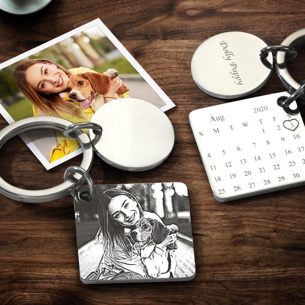 Personalisierter Kalender mit Fotogravur Silber Schlüsselanhänger Schlüsselanhänger | Bestes Jubiläumsgeschenk