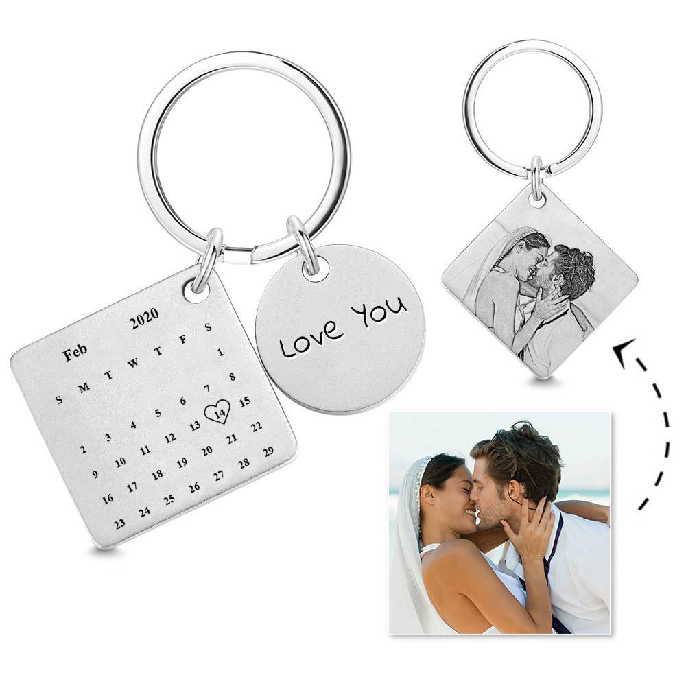 Personalisierter Kalender mit Fotogravur Silber Schlüsselanhänger Schlüsselanhänger | Bestes Jubiläumsgeschenk