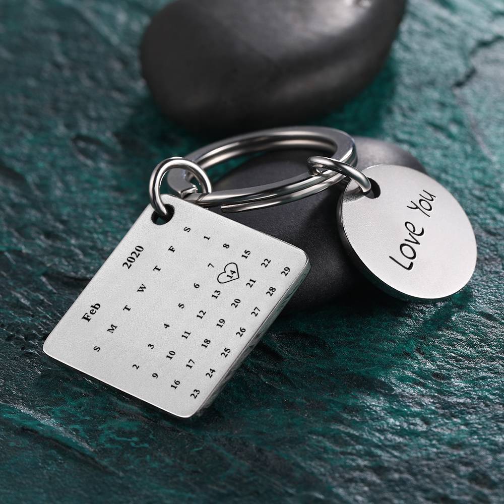 Personalisierter Kalender mit Fotogravur Silber Schlüsselanhänger Schlüsselanhänger | Bestes Jubiläumsgeschenk