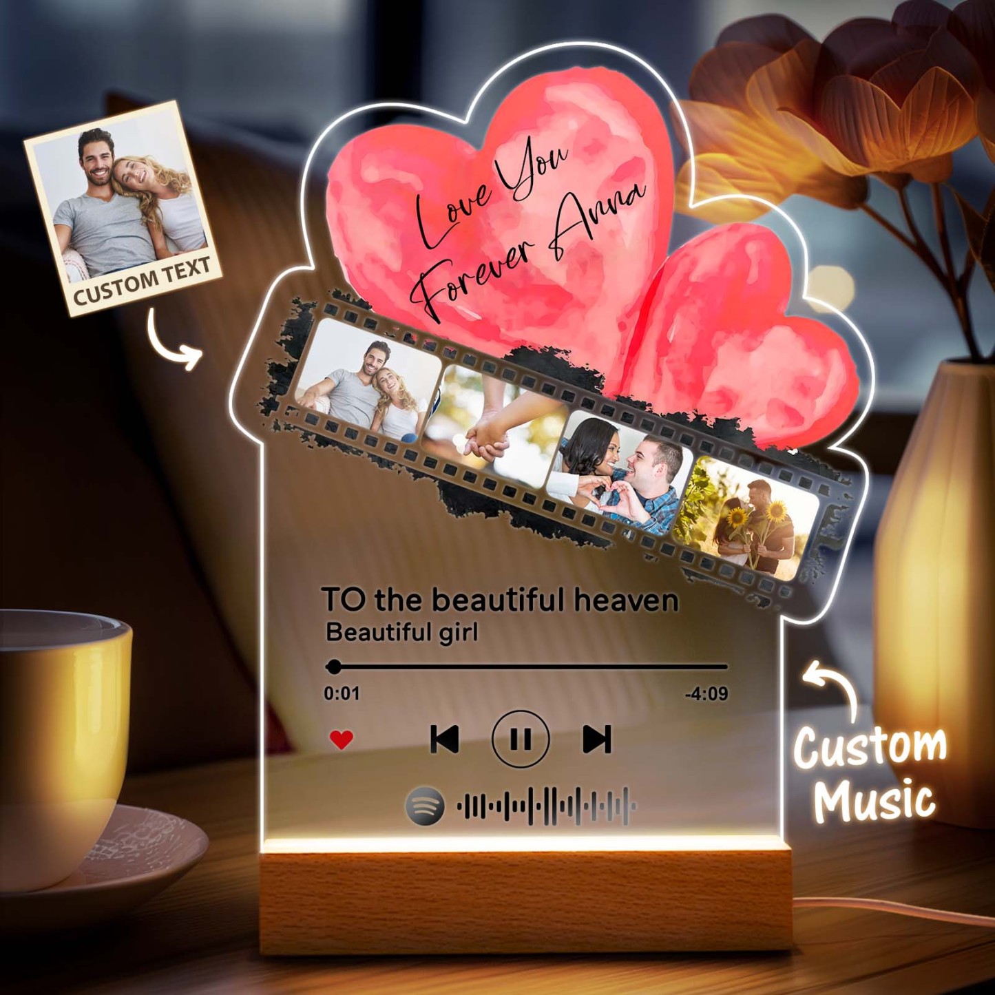 Personalisiertes Romantisches Liebesfilm-nachtlicht Aus Acryl, Geschenk Für Paare, Heimdekoration - MeineFotoTassen
