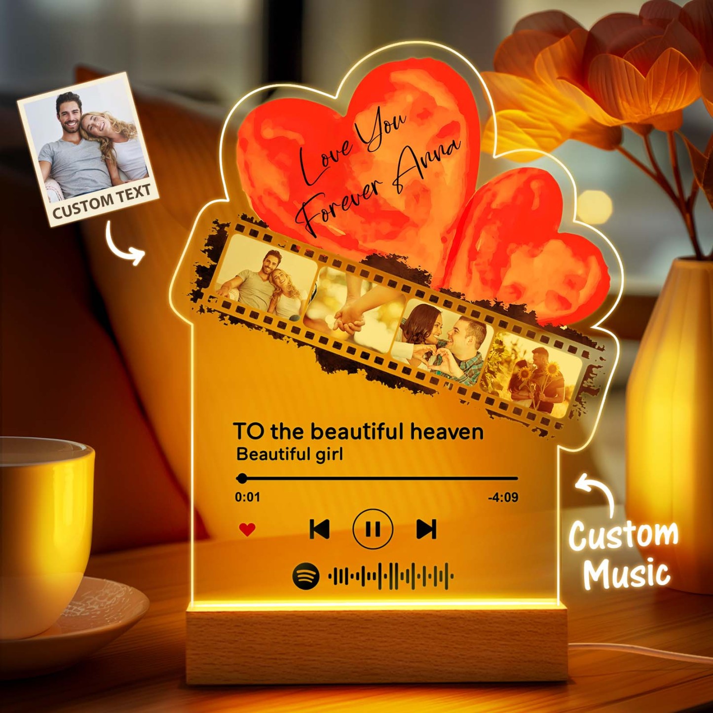 Personalisiertes Romantisches Liebesfilm-nachtlicht Aus Acryl, Geschenk Für Paare, Heimdekoration - MeineFotoTassen
