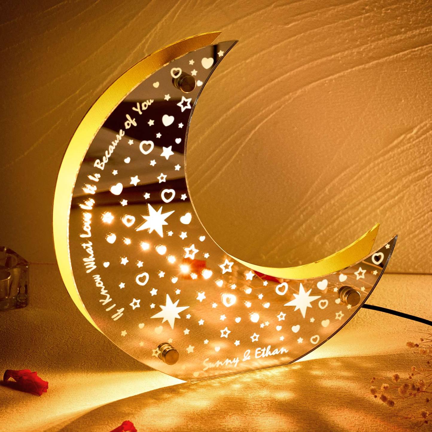 Personalisierte Gravierte Led-mond-spiegelleuchte, Individuelle Heimdekoration, Geschenk Für Paare - MeineFotoTassen