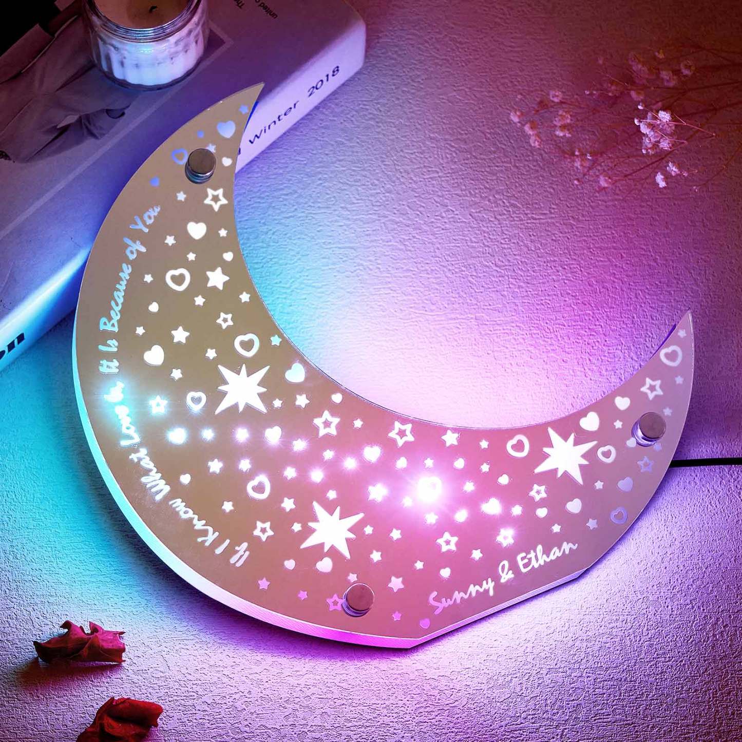 Personalisierte Gravierte Led-mond-spiegelleuchte, Individuelle Heimdekoration, Geschenk Für Paare - MeineFotoTassen