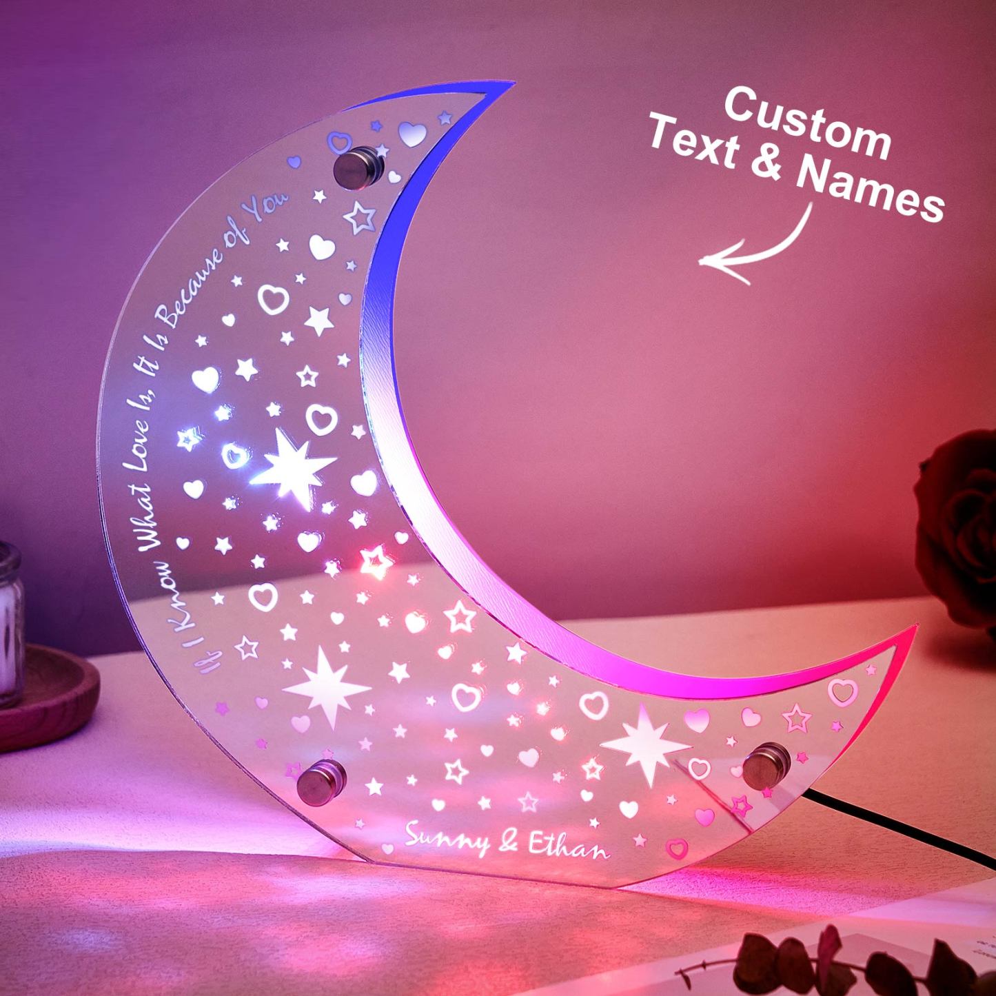 Personalisierte Gravierte Led-mond-spiegelleuchte, Individuelle Heimdekoration, Geschenk Für Paare - MeineFotoTassen