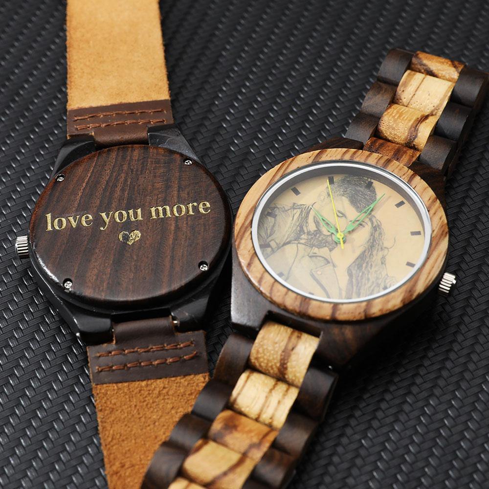 custom-men's Engraved Wooden Photo Watch Wooden Strap 45mm - photowatch