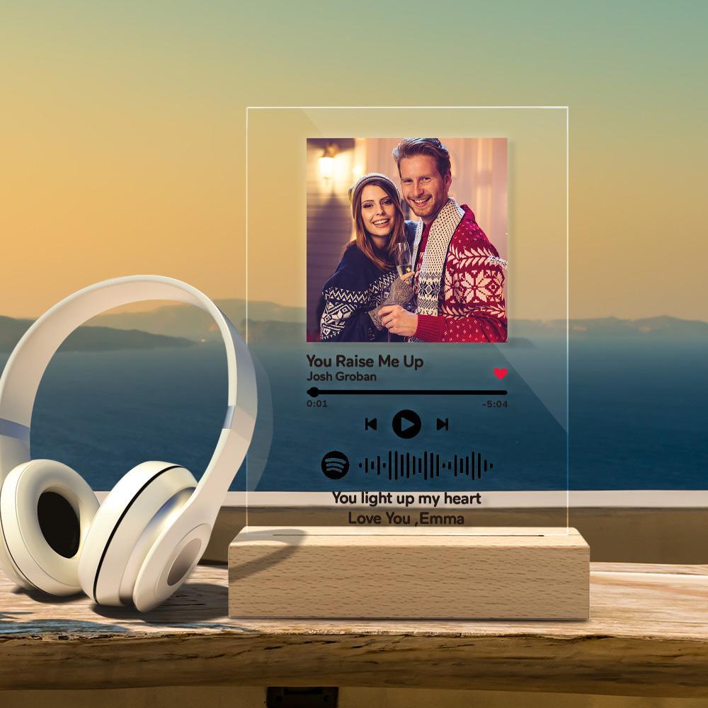 Personalized Spotify Code Music Plaque Night Light With Wooden Base Anniversary Gifts for Boyfriend