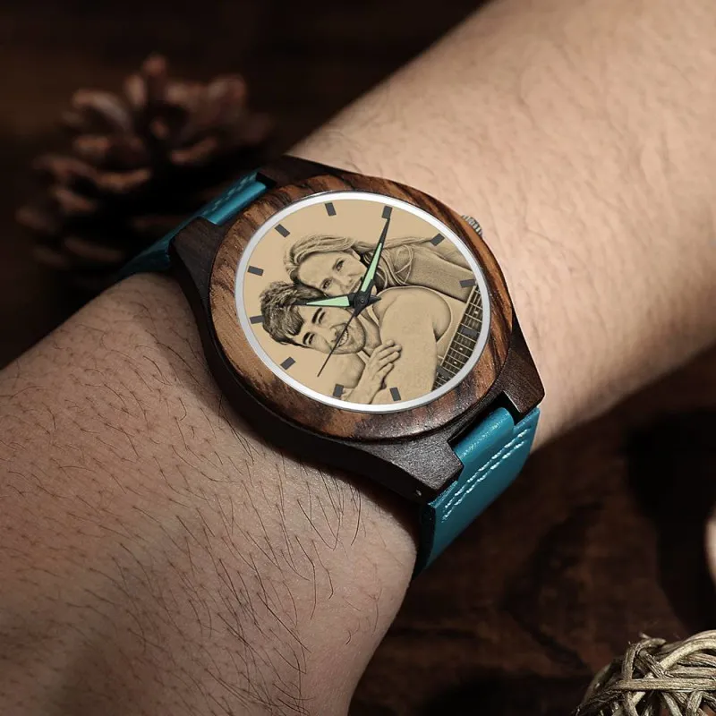 custom-men's Engraved Wooden Photo Watch Blue Leather Strap - Sandalwood - photowatch