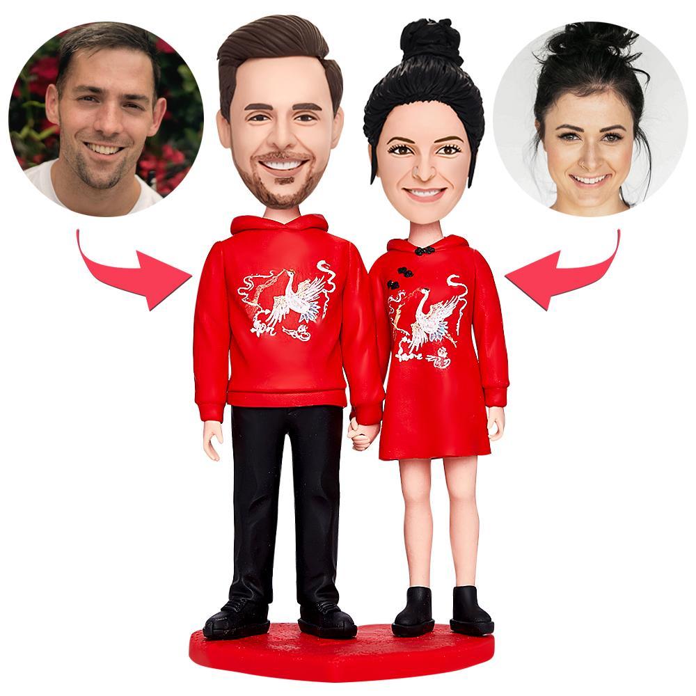 Valentines Gift Couple in Red Custom Bobblehead with Engraved Text - Myphotomugs