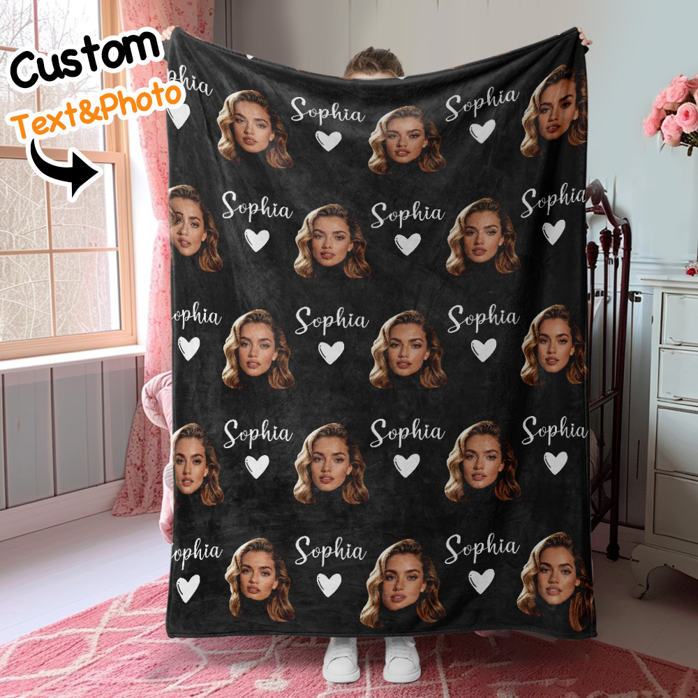 Personalized Picture Blanket Custom Name And Red Heart Pattern Sweet P