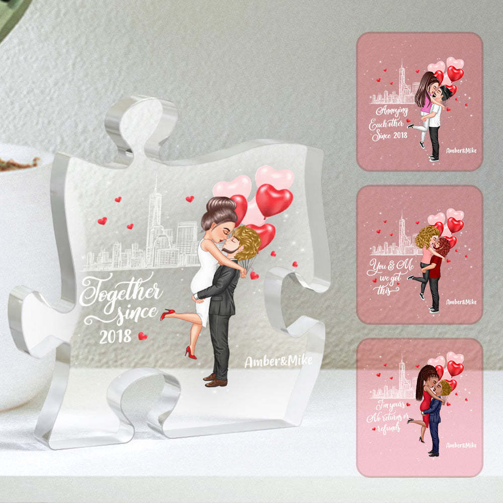 Custom Couple Puzzle Plaque Personalized Hairstyle Clothes and Name Cartoon Valentine's Gifts - Myphotomugs