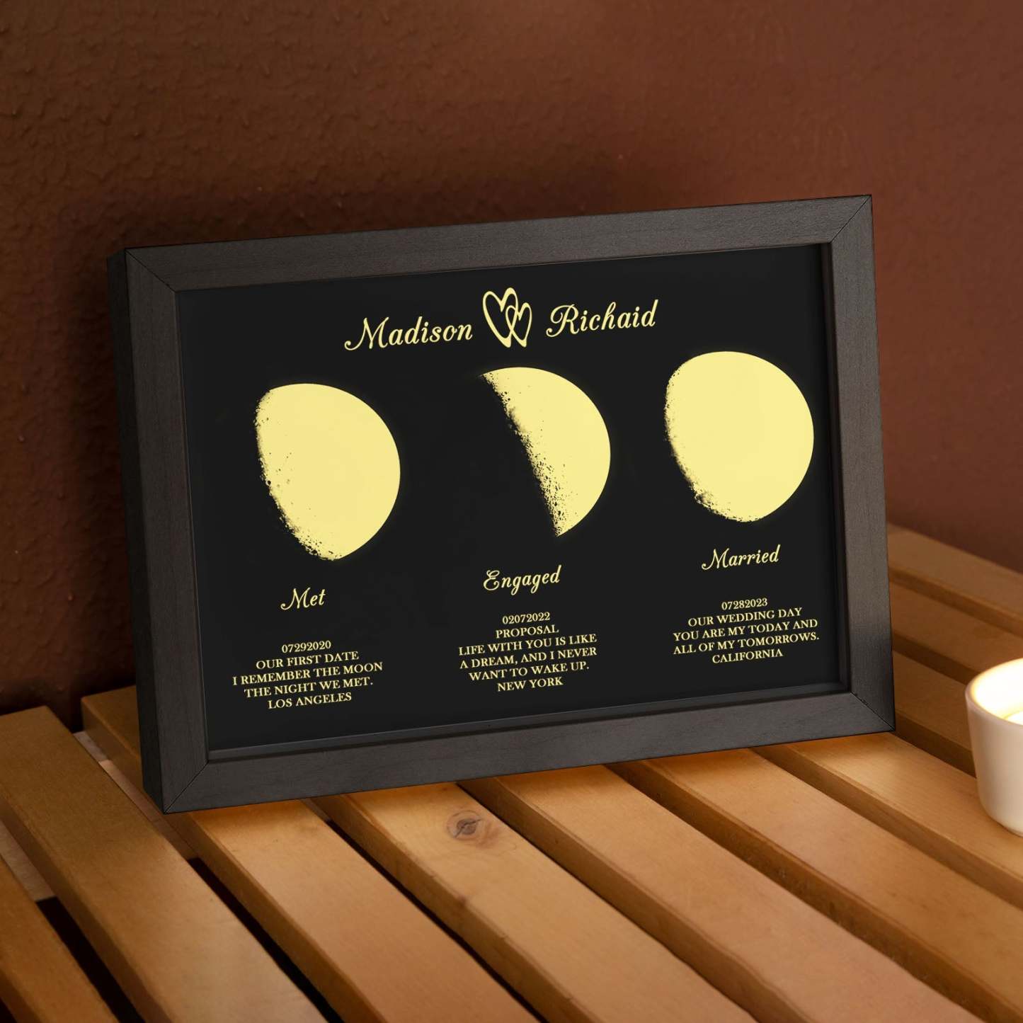 Custom Moon Phase Wooden Frame Three Moon Phase with Personalized Name and Text - Myphotomugs